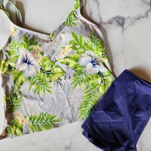 Womens medium 2 piece swimsuit tank top monstera Hawaiian hibiscus skirt swim